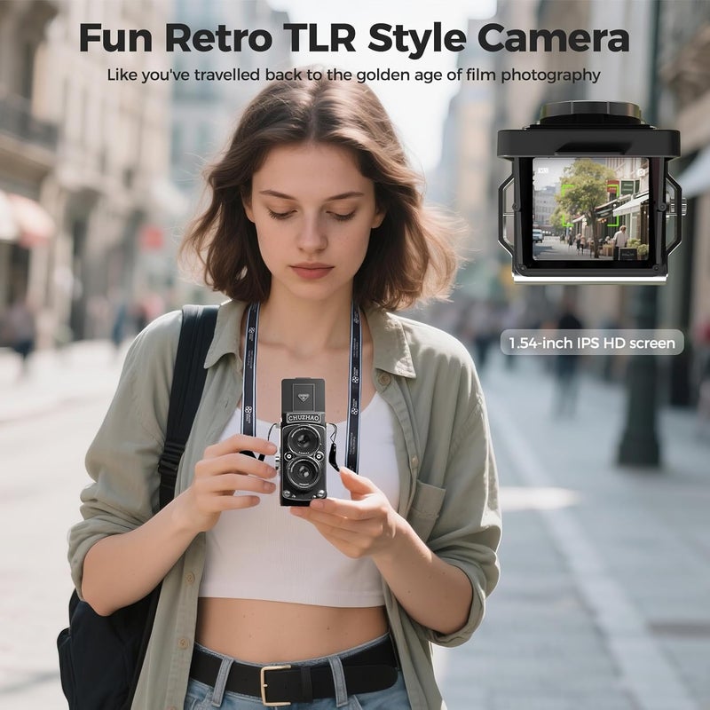 Chocapt CHUZHAO Digital Camera Retro with Time Stamp - Portable Vintage TLR Style 1080p FHD Video 12MP Photos Autofocus Mini Vlogging Camera with 16GB Card for Beginners Teens Adults, Black - Image 2